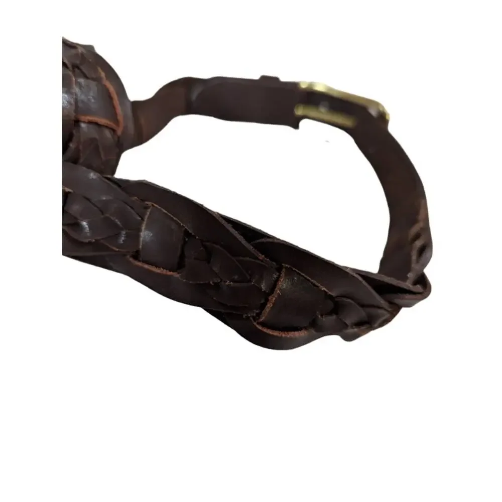 Women's chocolate brown Large woven Braided Genuine Leather Belt brass buckle